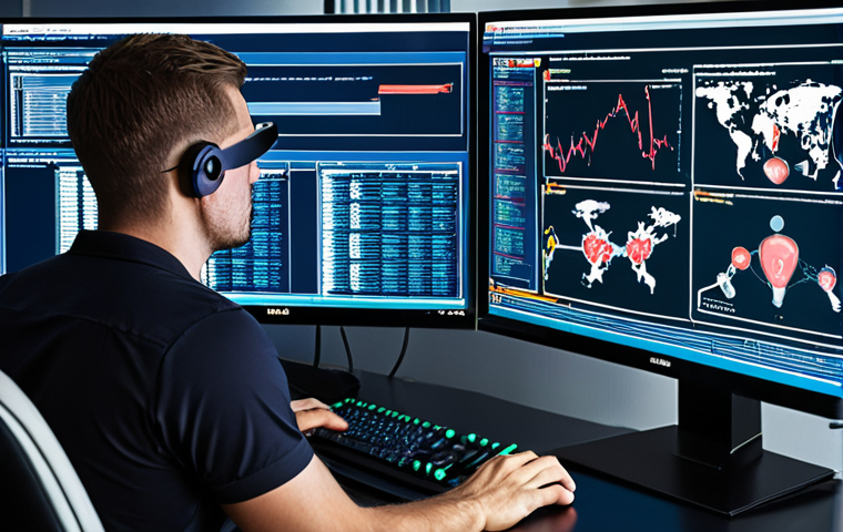 **
A cybersecurity analyst working at a computer, using intrusion detection system (IDS) and Security Information and Event Management (SIEM) tools to detect unusual network activity. Focus on the screen displaying network traffic and security alerts.
**